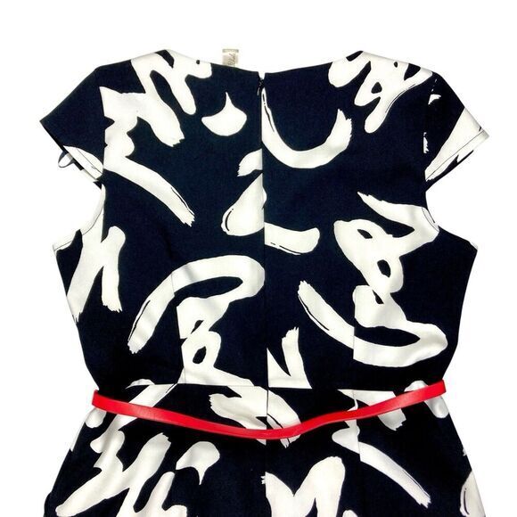 Emma & Michele Midi Dress Women 14 Black White Printed Belted 70s Classy Elegant - Picture 5 of 16